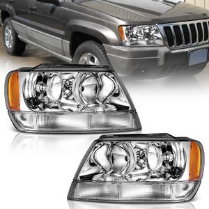 WEELMOTO Headlights Assembly Pair For 1999-2004 Jeep Grand Cherokee,Halogen Headlight Assembly Headlamp Replacement For 1999 2000 2001 2002 2003 2004 Jeep Grand Cherokee Chrome Housing+Amber Reflector