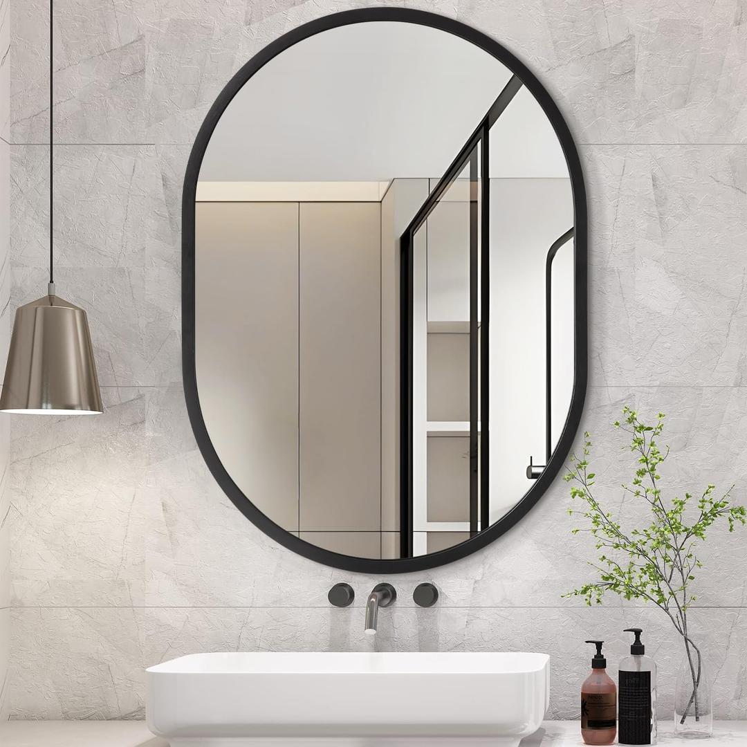 JJUUYOU Oval Mirror Black Metal Framed Bathroom Mirrors for Wall 16X20 Inch Matte Bedroom Vanity Mirror Farmhouse Anti-Rust Tempered Glass Hangs Horizontally or Vertically Mirrors