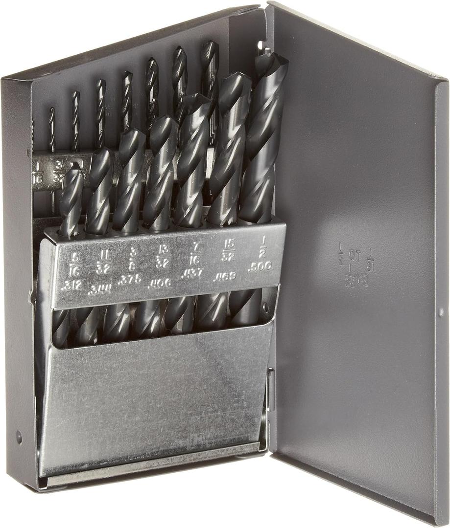 Chicago Latrobe 150ASP Series High-Speed Steel Jobber Length Drill Bit Set with Metal Case, Heavy Duty, Black Oxide Finish, 135 Degree Split Point, Inch, 15-piece, 1/16" - 1/2" in 1/32" increments