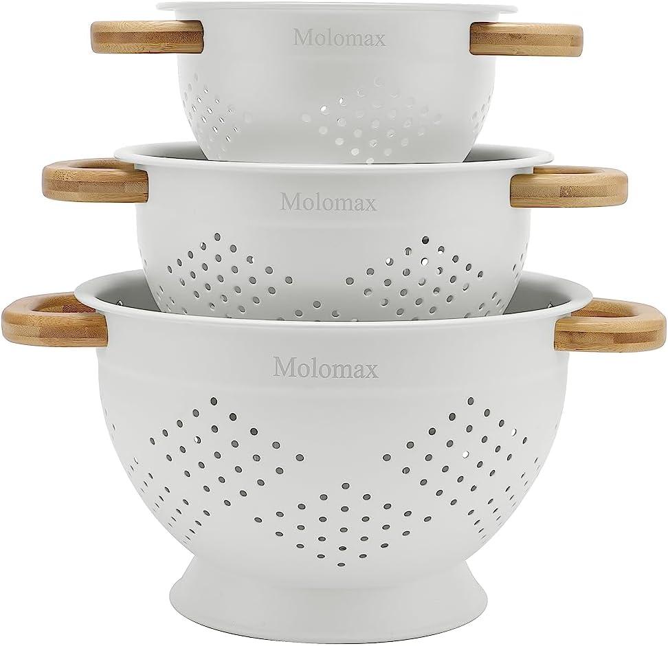 Metal Colander with Wood Handles - Set of 3 - Light Icing White