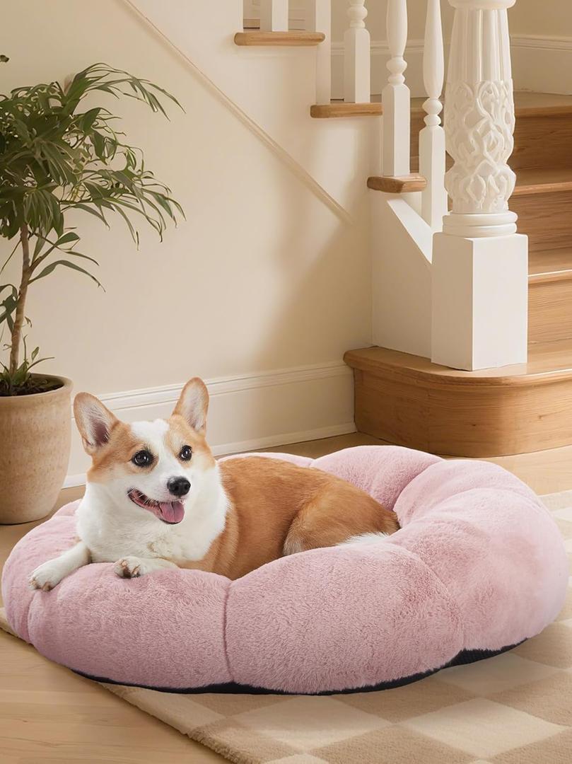 OhGeni 20 inches Calming Donut Dog & Cat Bed for Small Pets, Warming Comfort Fluffy Short Pile Fur, Durable Machine Washable, Cute Round Bed for Puppy and Kitten, Camel (L (31"L x 31"W x 9"Th), 03-Pink)