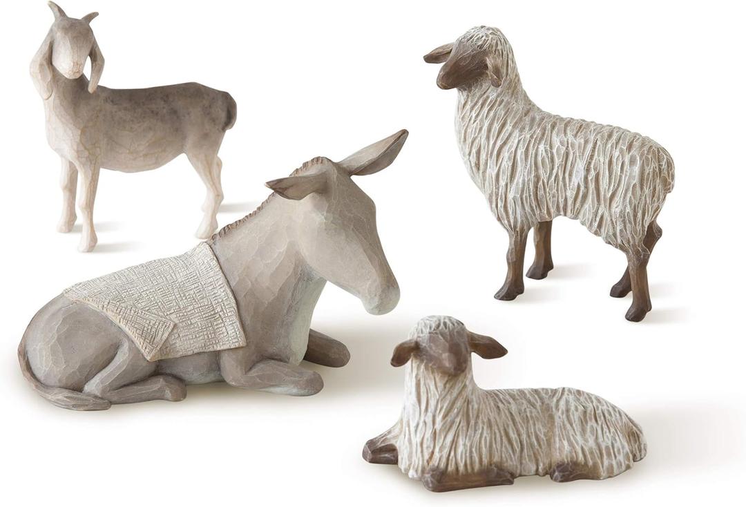 Willow Tree Sheltering Animals for The Holy Family, Giving Watch, Warmth, Protection, Gray-White Standing Goat, Gray Donkey, 2 White Sheep, Sculpted Hand-Painted Nativity Scene Figures, 4-Piece Set