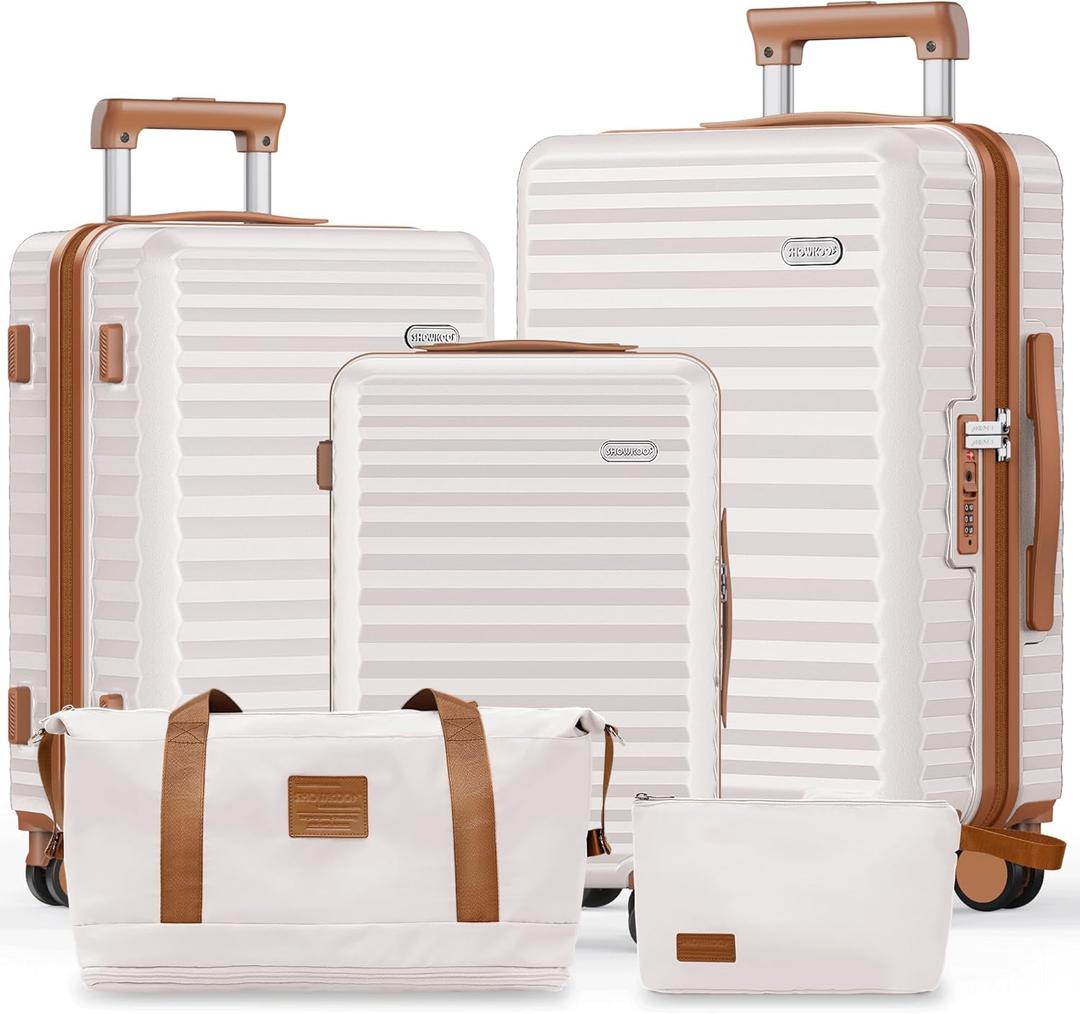 SHOWKOO Luggage Sets 3 Piece Hardside Expandable Suitcase with Double Spinner Wheels Tsa Lock, (Beige White, 5 piece set)