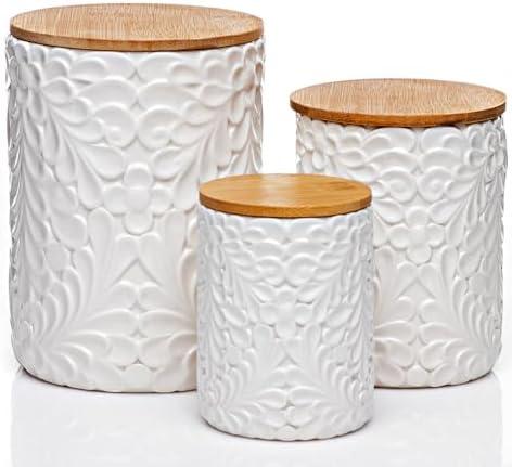 Engraved Design Kitchen Canisters Set of 2 with 74 Oz, 36 Oz- White Storage Jars for Countertop with Airtight Bamboo Lids - Large Flour Tea Coffee Sugar Spices Container - Decorative