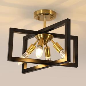 DELIPOP 4-Light Flush Mount Ceiling Light, Farmhouse Gold Square Metal Frame Light Fixtures Ceiling Chandelier for Kitchen, Dining Room, Entryway, Hallway, Island