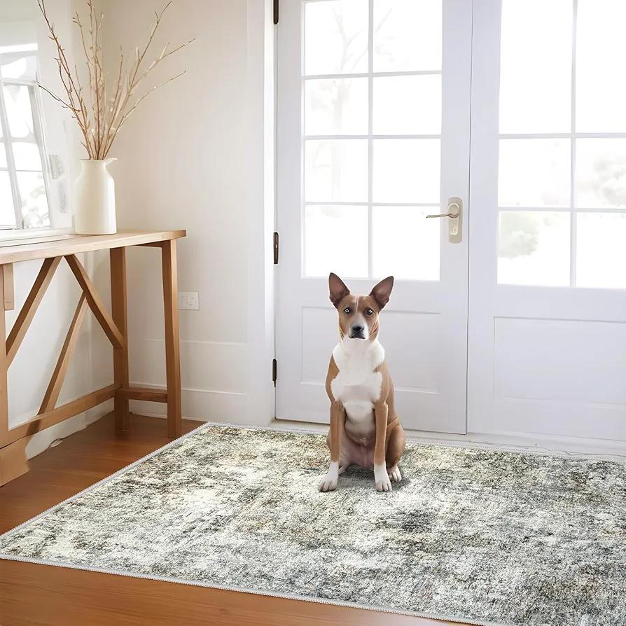 Abstract 3x5 Washable Rug: Modern Non Slip Area Rug Soft Carpet Foldable Distressed Stain Resistant Neutral Rugs for Hallway Living Room Bedroom Decor Indoor Small Farmhouse Rug 3'x5' Brown Gray