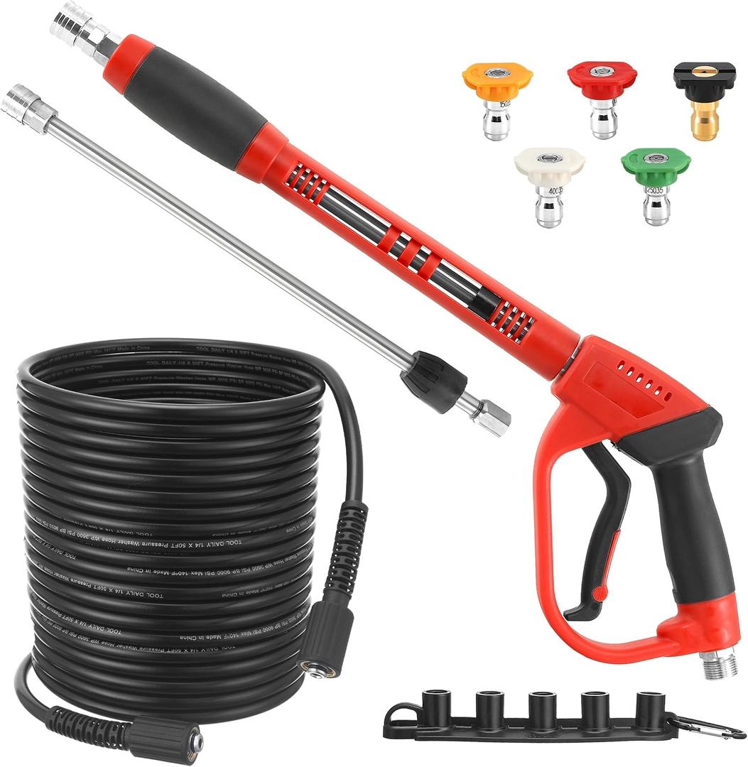 Tool Daily Pressure Washer Gun and Hose Kit, 50 FT Power Washer Hose and Replacement Wand Extension, 5 Nozzle Tips, M22-14 Fitting, 3600 PSI