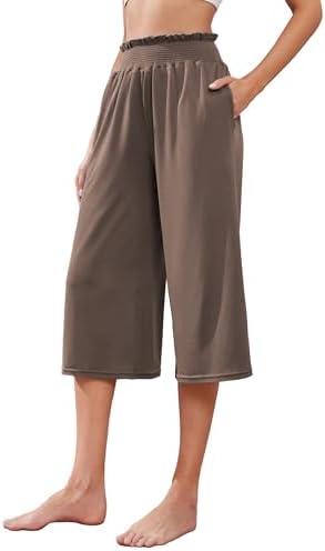 iChunhua Wide Leg Capri Yoga Pants for Women Loose Summer Ruffles High Rise Cropped Bottom with Pockets Size L