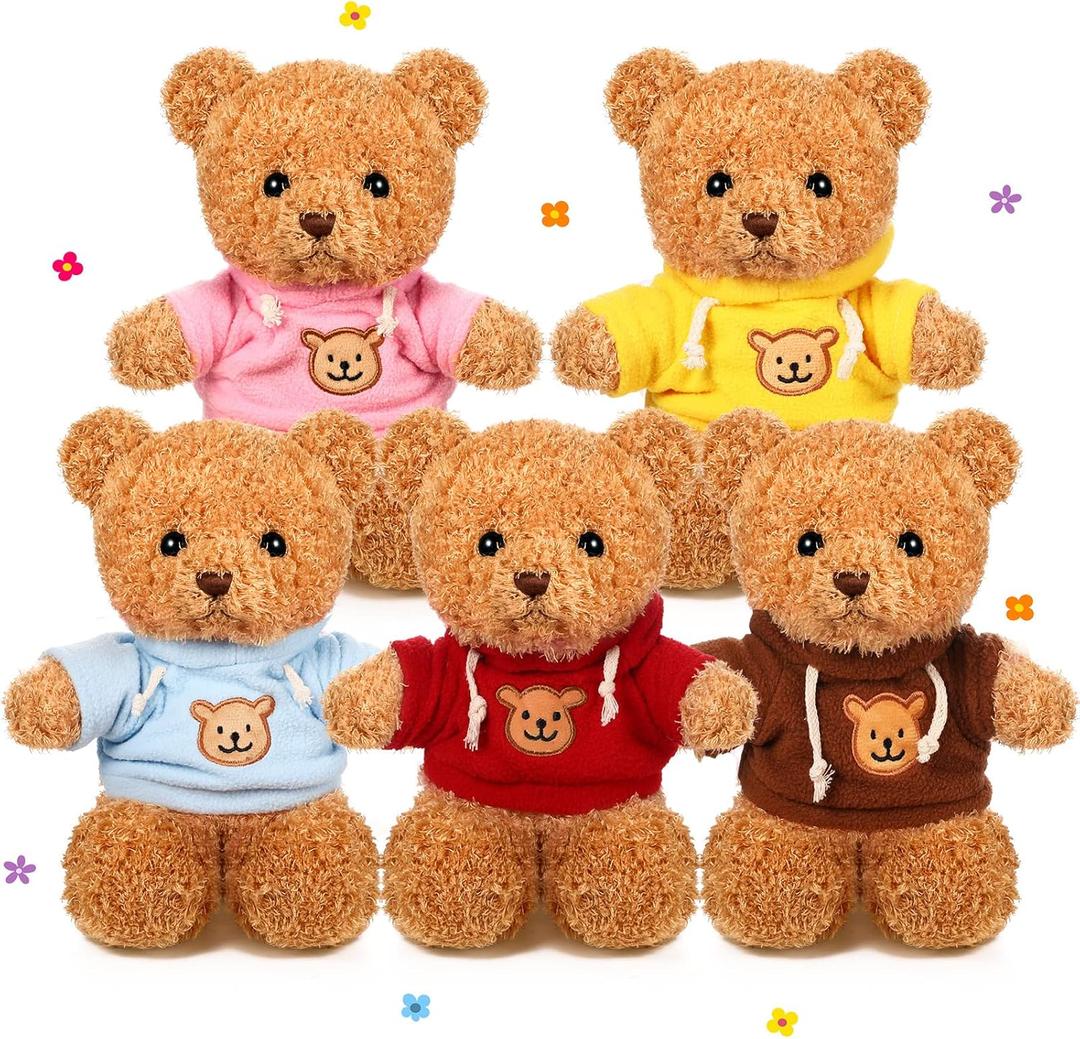 HyDren 5 Pcs Bears Stuffed Animal Soft Plush Toys Valentine 12 Inches Cute Small Shaggy Bear with Hoodie Bow Tie for Kids Boys Girls Baby Shower Birthday Party(Hoodie Style,Light Brown)