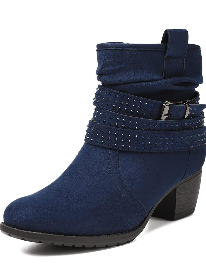 Women's Mid Calf Boots,Round Toe Comfort Low Heel Slouchy Dress zip booties with Jeweled strap Size 8.5