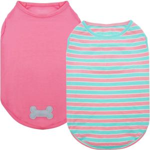 KYEESE 2Pack Dog Shirts Striped T Shirt Soft Tee for Small Dogs Cotton Tank Top Lightweight Sleeveless Vest Dog Clothes, Small,Pink+Striped (Small (4-7lbs), 01# 2Pack (Pink+Striped))