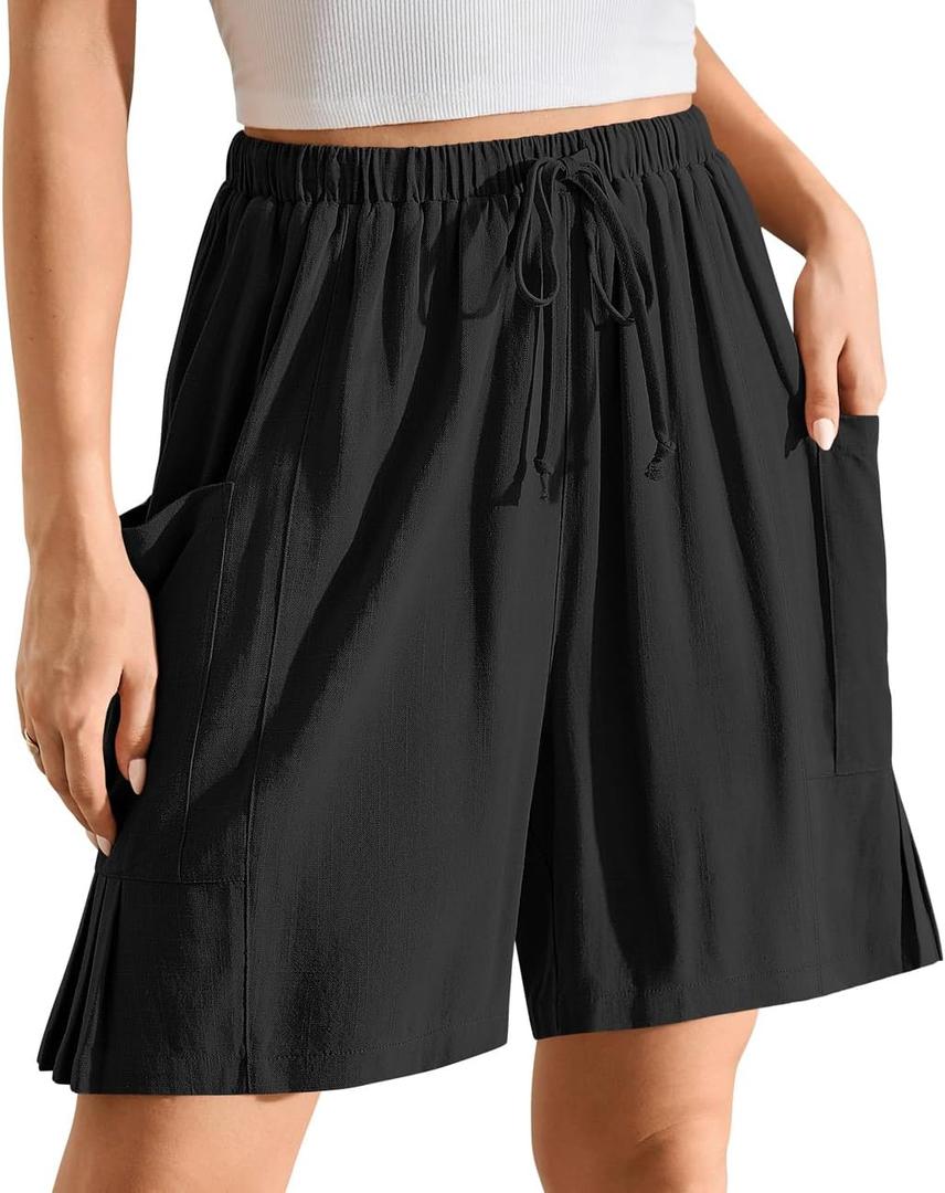 TARSE Women's Linen Summer Baggy Shorts Casual Bermuda Wide Leg Mid Length High Waisted Drawstring Beach Short with Pocket (Black L)