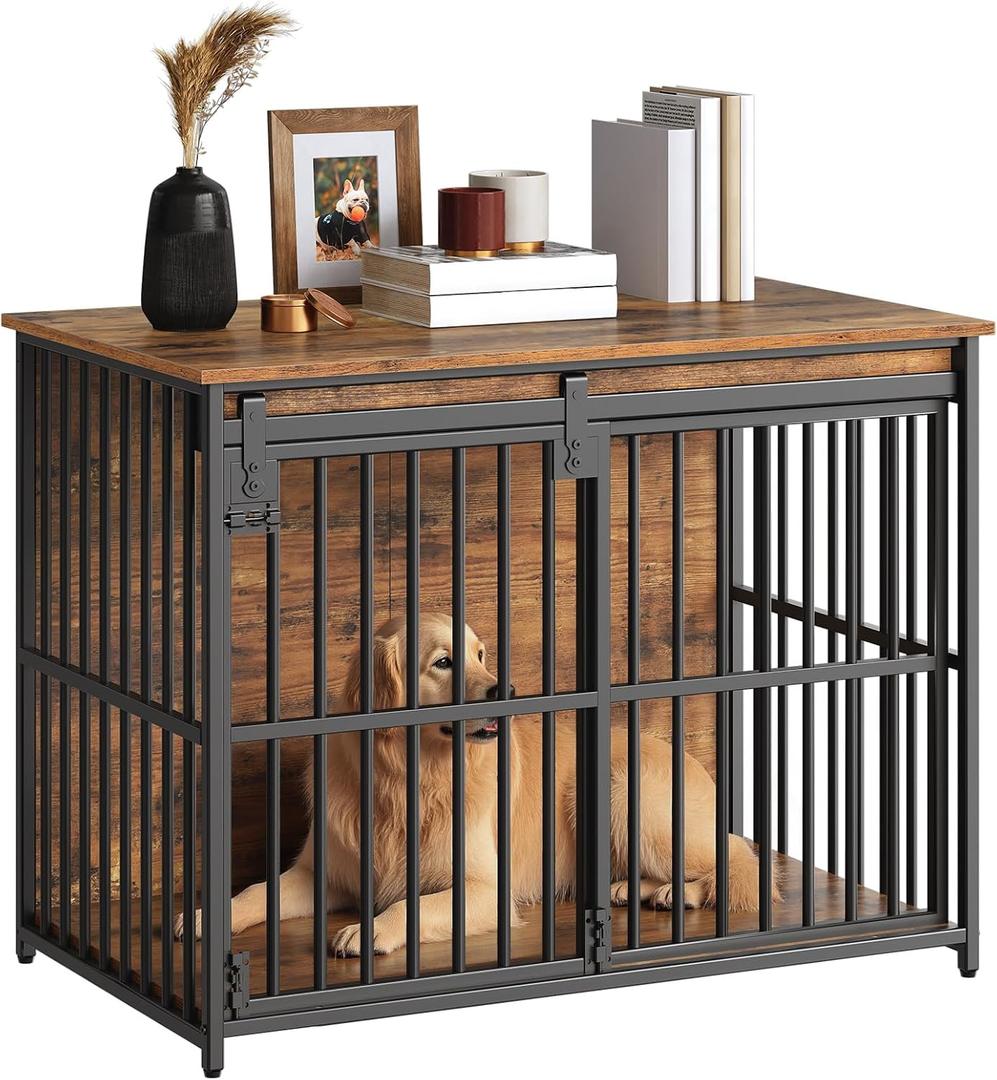 HOOBRO Dog Crate Furniture, 36.6" Heavy Duty Dog Kennel with Sliding Barn Door, Wooden Dog Cage Indoor, Decorative Side End Table for Small/Medium Dogs, Rustic Brown and Black FG162GW03G1