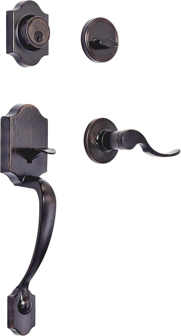 Amazon Basics Front Door Lock Set, Handleset with Shelby Lever, Single Cylinder, Easy to Install, Oil Bronze, Grade-3 Security