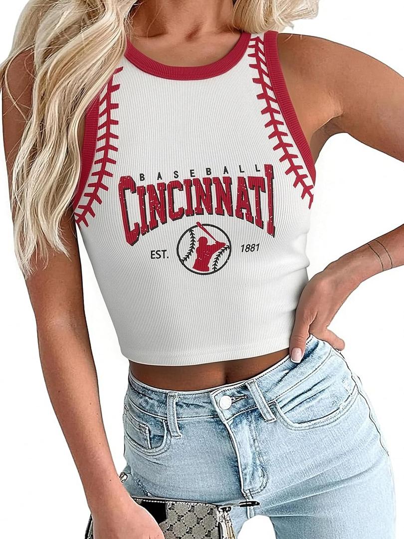 BANGELY Baseball Tank Top Women Baseball Fans Knit Shirts Cute Y2K Graphic Tank Casual Workout Summer Sleeveless Vest Top (White, XL)