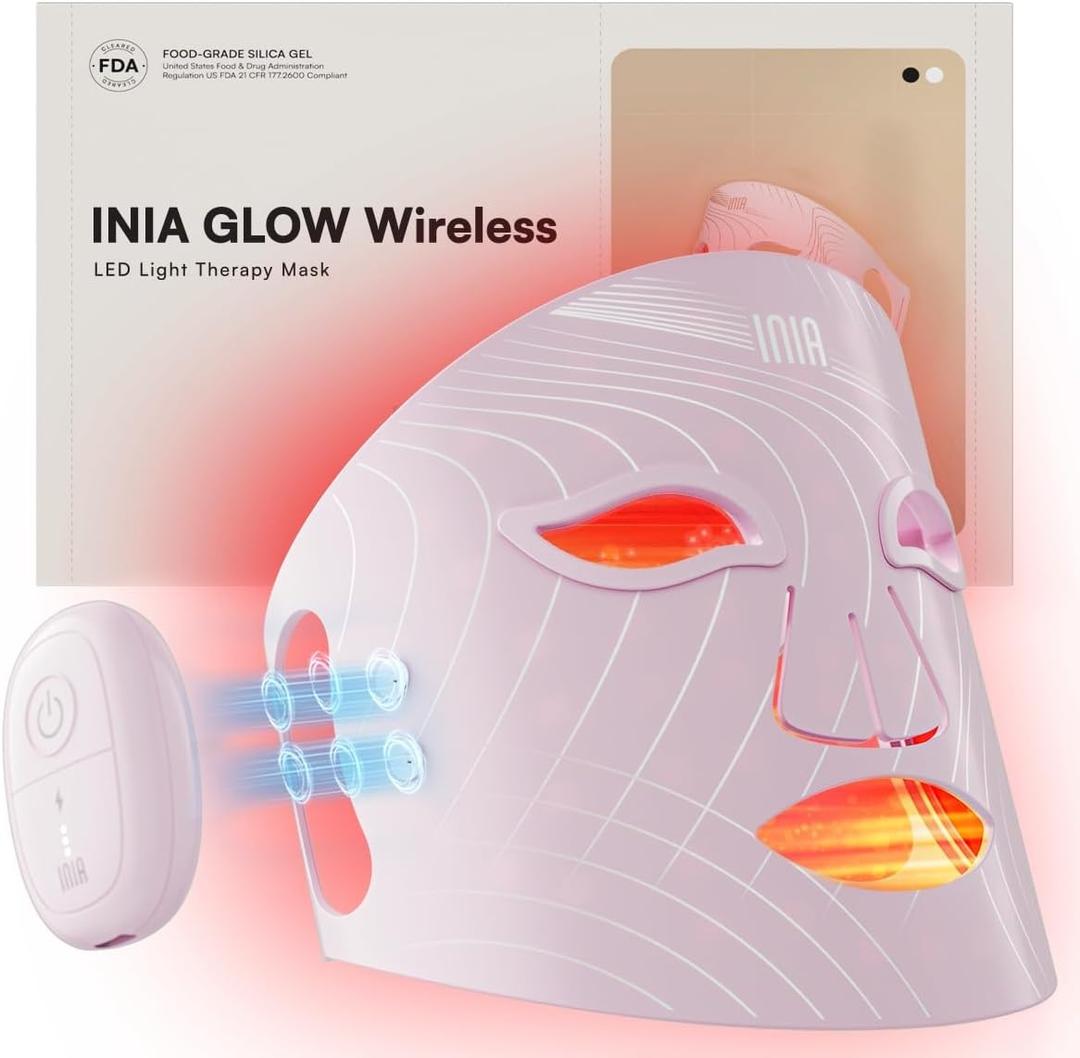 INIA Red Light Therapy Mask for Face, Glow Wireless LED Face Mask Light Therapy with Near-Infrared Red Light (NIR), Rechargeable and Ergonomic Design for Home & Travel (Pink)