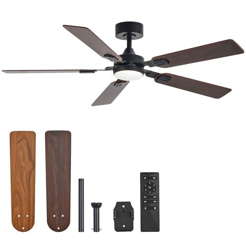 VONLUCE Ceiling Fans with Lights and Remote, 52" Ceiling Fan with 5 Blades, 6-Speeds Noiseless Reversible DC Motor for Farmhouse Bedroom Indoor, Walnut