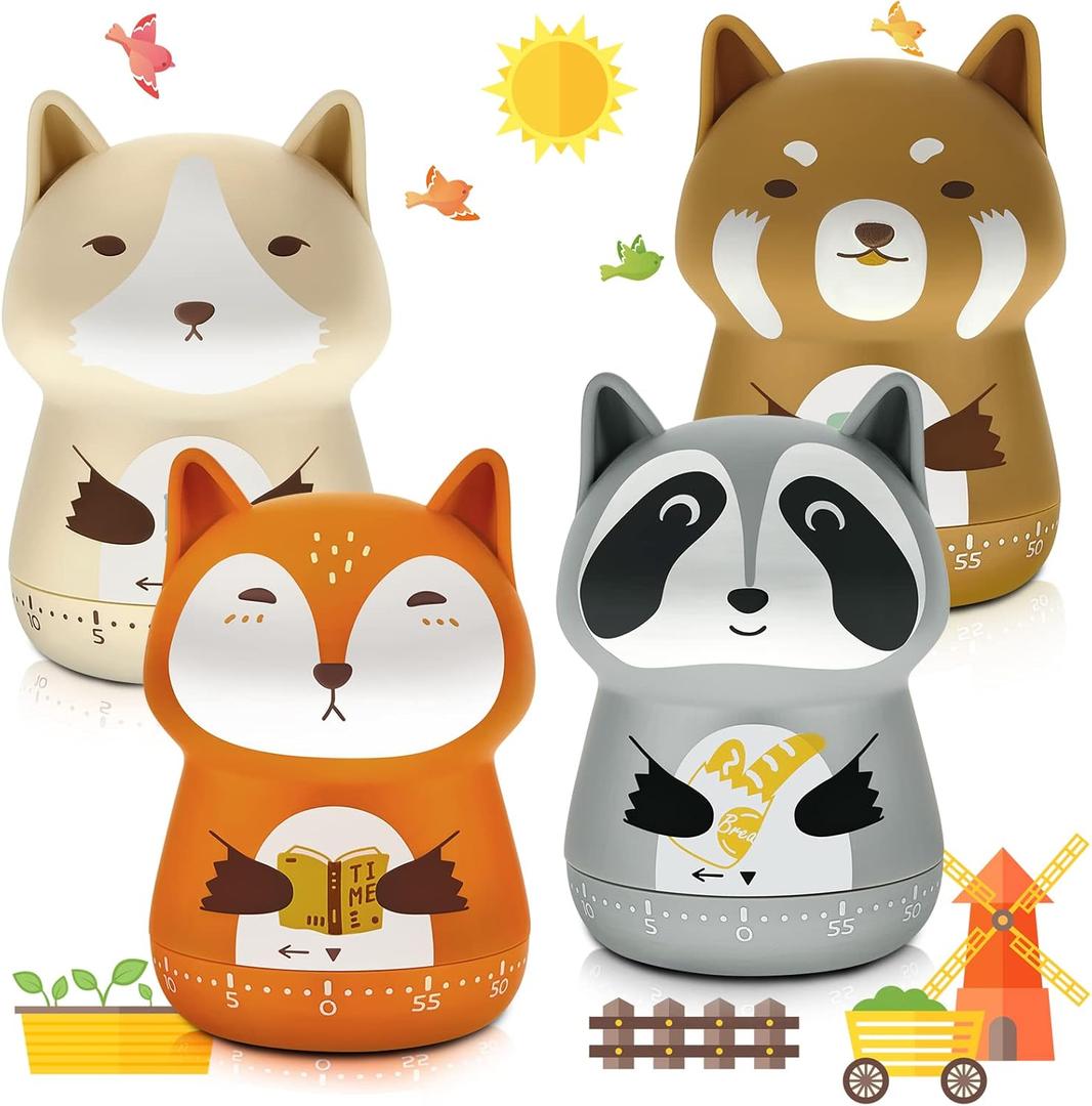 Amylove 4 Pieces Cute Kitchen Timer Animal Mechanical Manual Fox Raccoon Bear Wolf 60 Minutes Loud Alarm Egg Windup Timer for Adults Christmas Home Cooking Baking Fitness Beauty