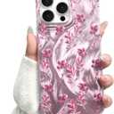 NITITOP Compatible for iPhone 12 Pro Max Case Cute Flower Floral Leave for Women Girl Glitter Shiny Feather Yarn Style Aesthetic Shockproof Hard Protective Phone Cover - Pink