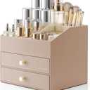 VLANDO Makeup Organizer for Vanity,Large Capacity Countertop Organizer with Drawers, PU Leather Cosmetic Display Case for Lipstick,Brushes,Skincare,Bedroom Storage (Toffee)