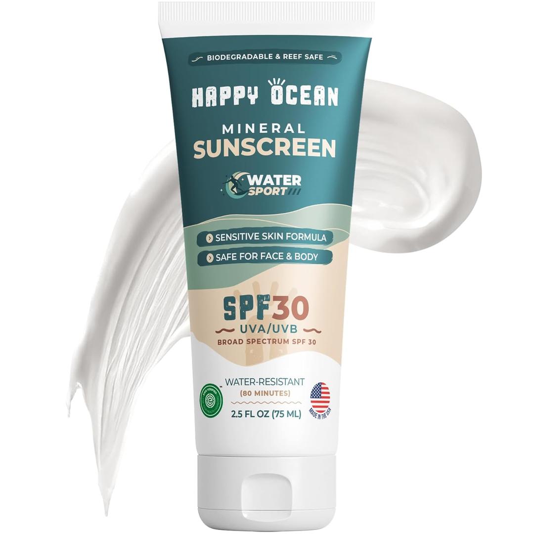 SPF 30 Reef Friendly Sport Mineral Sunscreen for Face & Body, Non-Nano Zinc Oxide, Natural Organic Non Toxic Mineral Based Coral Reef Safe Sunscreen, Travel Size, Biodegradable 2.5 Fl Oz
