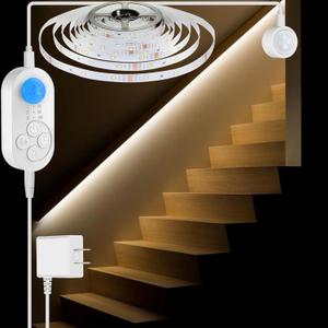 Dual Motion Sensor Light Indoor - Plug-in Motion Activated Step Stair LED Strip with Double Sensors, Dimmer and Timer for Stairway, Bedroom, Corridor (Warm White 3000K 16.4FT Light Strip) (Power Adapter (3.28FT Cable))