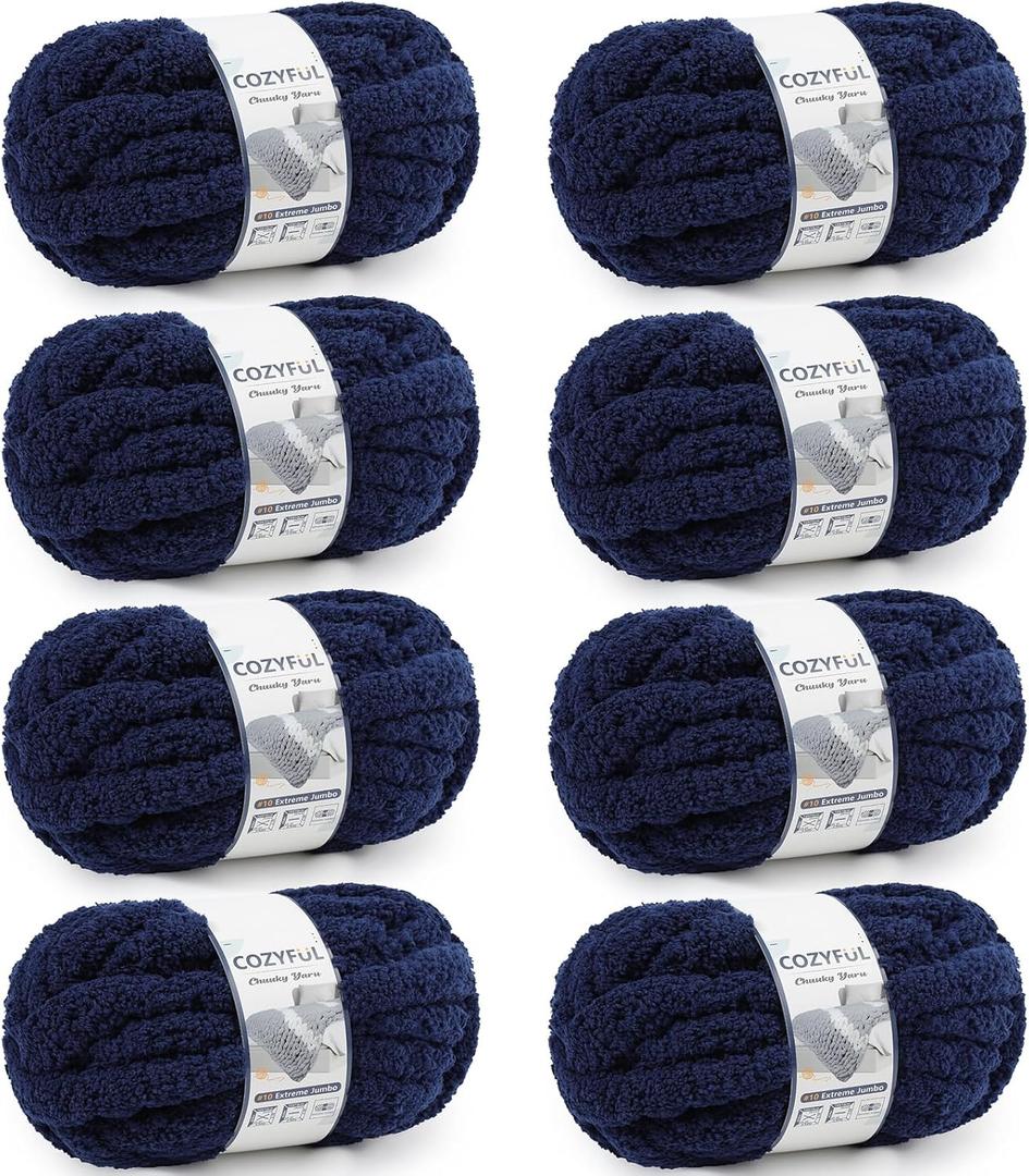 Cozyful Chunky Yarn for Hand Knitting - #10 Chunky Chenille Yarn, Jumbo Big Thick Chunky Yarns for Crocheting, Super Bulky Chunky Knit Blanket Yarns, 8 Skein (25 yds 8 oz Each Skein), Navy Blue