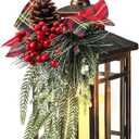 Baquler 1 Pcs Christmas Decorative Lantern LED Christmas Lantern 14" Bronze Vintage Flameless Hanging Candle Lanterns Xmas Centerpieces for Tables Indoor Outdoor Porch Decor (Black Red Plaid)