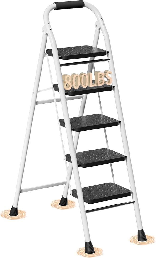 5 Step Ladder, Foldable Step Stool with Wide Anti-Slip Pedal & Thick Rubber Feet, Cushioned Handle, Safe-Lock Design, Folding Portable Ladder for Multi-Purpose, 800lb, White