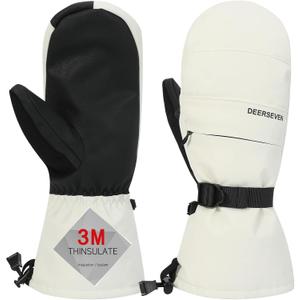 Winter Ski Mittens Men & Women Snow Warm Insulated Waterproof Windproof for Cold Weather and Snowboarding with Zipper Pocket (Medium, White)