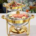 Chafing Dish Buffet Set 2 Pack, 5QT Gold Round Chafing Dishes for Buffet, High Grade Chafers and Buffet Warmers Sets with Glass Lid, Rolled-Edge Food Warmers for Parties, Weddings, Catering, Gold 