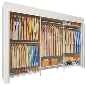Ulif E13C Max Heavy Duty Closet Organizer System，Freestanding Clothing Racks for Hanging Clothes，Adjustable Garment Rack 86" W x16 D x77 H Hold 1100 lbs，White Rack with White Dustproof Cover
