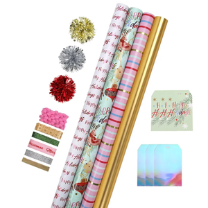 LaRibbons Christmas Wrapping Paper Sets, Classic Reindeer Stripes & Happy Holiday Design with Ribbons & Gift Tags & Metallic Pom Pom for Christmas, Holiday，30Inch × 10Feet（ 4 Rolls: 100 Sq.Ft.Ttl）
