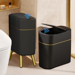 LALASTAR Automatic Bathroom Trash Can with Lid, Motion Sensor Bathroom Garbage Can for Toilet, Slim Smart Waste Basket for Kitchen, Living Room, 2.5 Gallon, Black (Black-1 Pack)