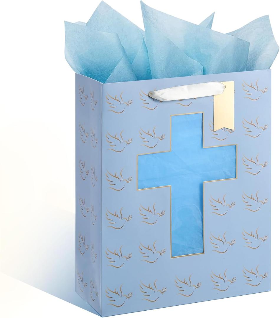 Sawnfay Blue Gift Bag - 10" x 5" x 13", with Cross Cut Window & Tissue Paper, Perfect for Baptism, First Communion, Confirmation, Christening & Religious Events for Boys & Teens