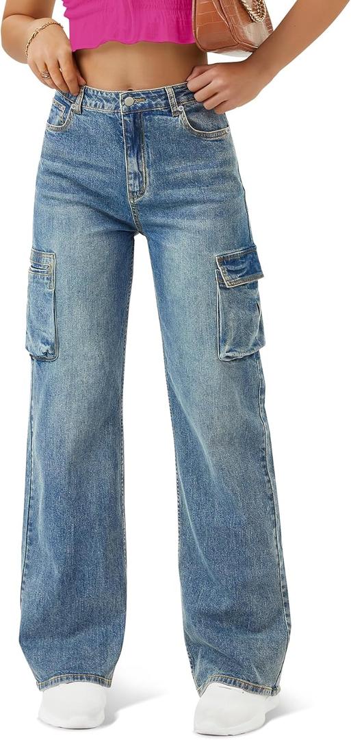 Women High Waisted Cargo Jean for Women with 6 Pockets Straight Wide Leg Jean Casual Baggy Pants (14, Blue001)