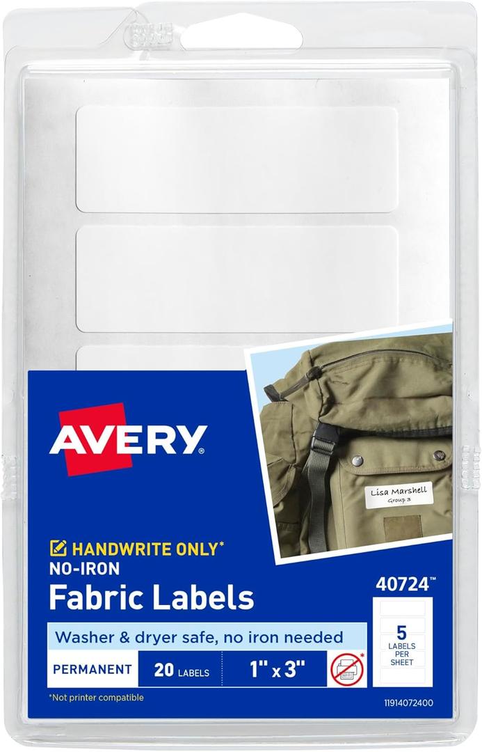 Avery No-Iron Fabric Labels, 1" x 3", Washer and Dryer-Safe Waterproof Labels, Non-Printable, 20 Total (