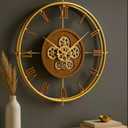 Large Moving Gear Wall Clock Luxury Metal Ring Roman Numeral Silent Decorative Clock for Living Room Bedroom Office, Modern Industrial Open Face Design (Gold- Wood)