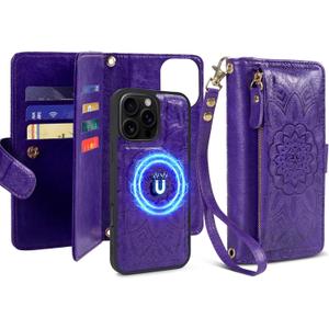 Harryshell for iPhone 15 Pro Max Detachable Magnetic Case Wallet,Compatible with Magsafe Wireless Charging, [ RFID Blocking ] Card Slots, Cash Zipper Pocket Wrist Strap (Floral Purple)
