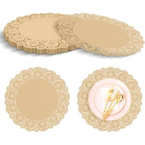 DI QIU REN 200 Pack 13.5 Inch Round Brown Kraft Paper Doilies - Scalloped Lace Table Mats, Disposable Rustic Placemats Decorative Table Pads for Tables Weddings, Parties, Cakes, Food & Crafts
