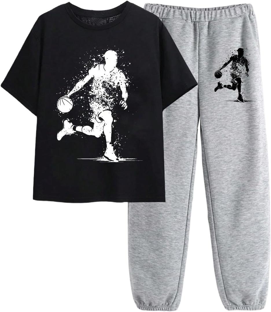 RoseSeek Boy's 2 Piece Outfits Graphic Tees and Joggers Matching Sets Casual Workout Outfits, Size 11 Years