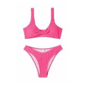 Limeeke Women One Shoulder Bikini Set Ribbed Textured Two Piece Swimsuit High Cut Cheeky Bathing Suit (Pink) M