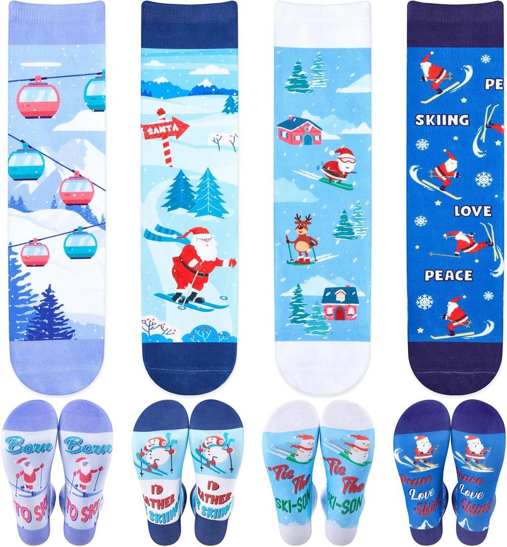4 Pairs Funny Christmas Golf Ski Socks with Santa Humor Saying Crazy Silly Socks for Adult-unisex for Men & Women (Blue)
