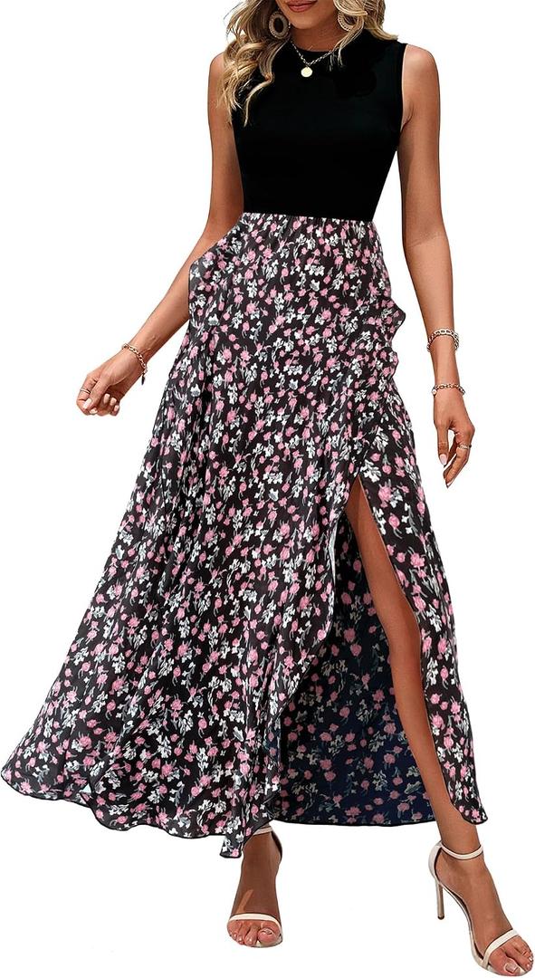 BTFBM Summer Dresses for Women 2026 Casual Spring Floral Sleeveless Ruffle Boho Cocktail Wedding Guest Party Midi Dress, L