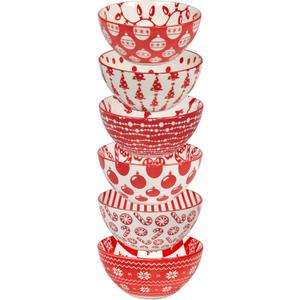 Peppermint Candy 30oz Porcelain Bowls, Set of 6  Festive Red & White Christmas All Purpose Salad, Soup & Snack Bowls with Cheerful Holiday Prints