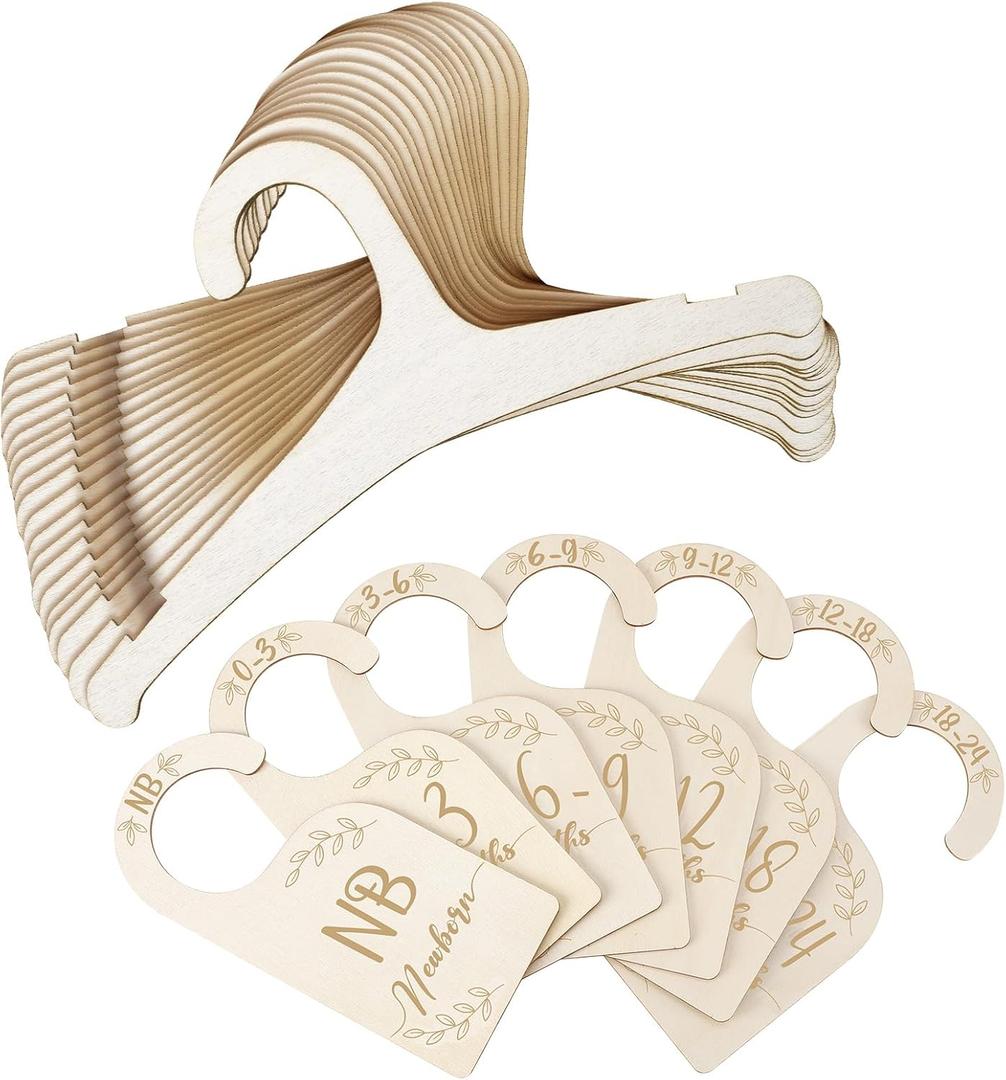 20 PCS Wooden Baby Clothes Hangers with 7 PCS Baby Closet Dividers, Cute Toddler Infant Children Kids Clothes Hangers for Kids Coats, Pants and Jackets, Wood Color