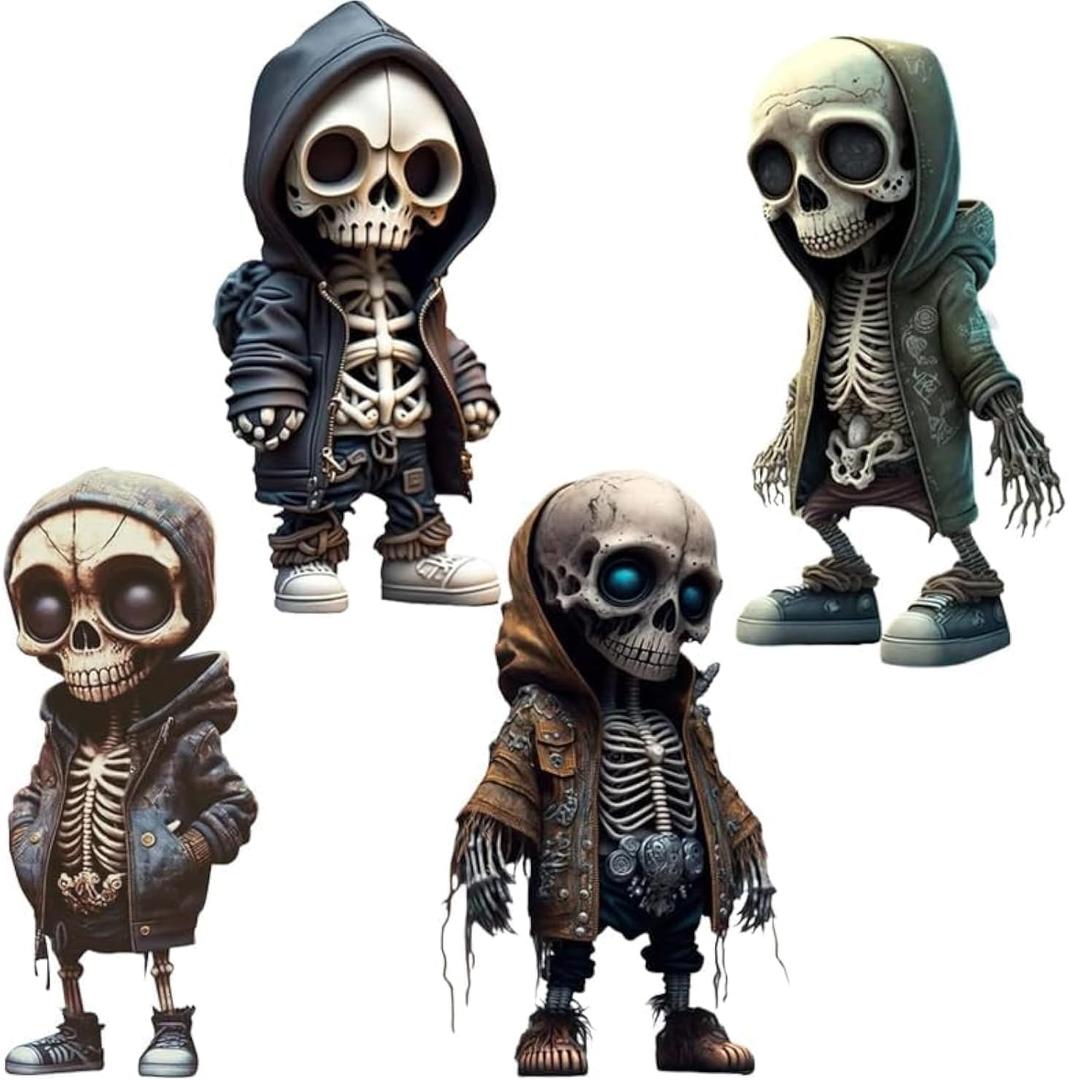 Dacnod 4Pcs Skull Decor,Skeleton Figurines,Horror Movie Garden Gnomes,Halloween Skeleton Statues Decor Set Cute Skeleton Resin Indoor Decorations,Unique Skull Ornaments Gift for Children Adult