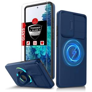 for Samsung Galaxy s20 FE Case Magnetic Compatible with MagSafe Wireless Charging,with 2 Screen Protectors,Built-in Stand Ring+Camera Cover Anti-Scratch Shockproof Heavy Duty Protection Blue