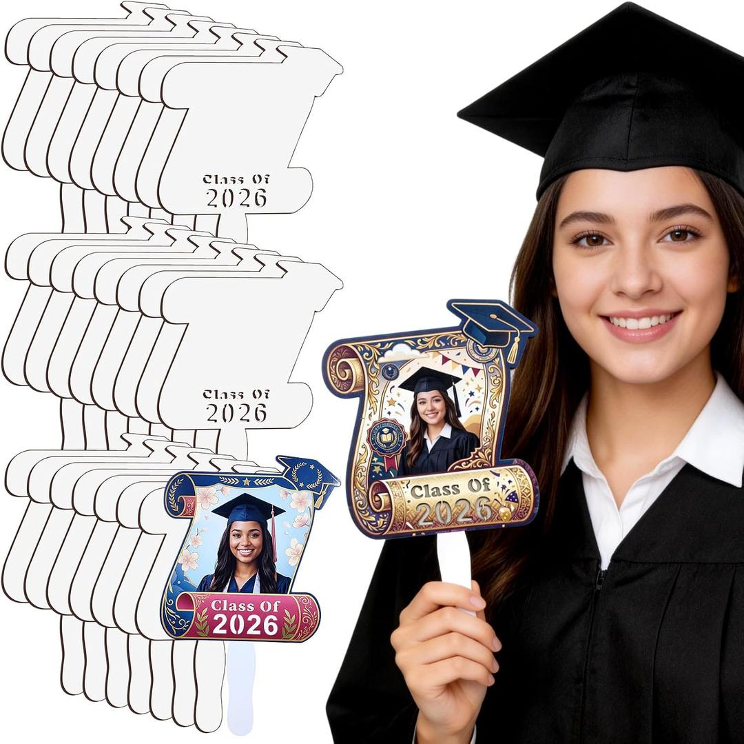 SiliFine 24 Pcs 2026 Sublimation Graduation Fans Blank DIY Sublimation Hand Fan for Graduation Backdrops for Photoshoot
