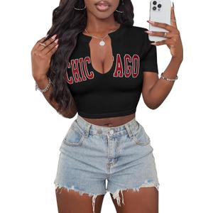 Hilinker Women's Sexy Graphic Crop Tops Short Sleeve V Neck T Shirts Summer Tees Black Chicago Large (Black, L)